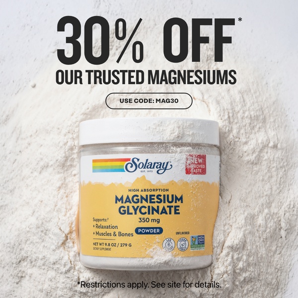 A clean, minimalist product-focused ad featuring a container of magnesium powder set against a white, texture-rich background with a clear discount overlay.